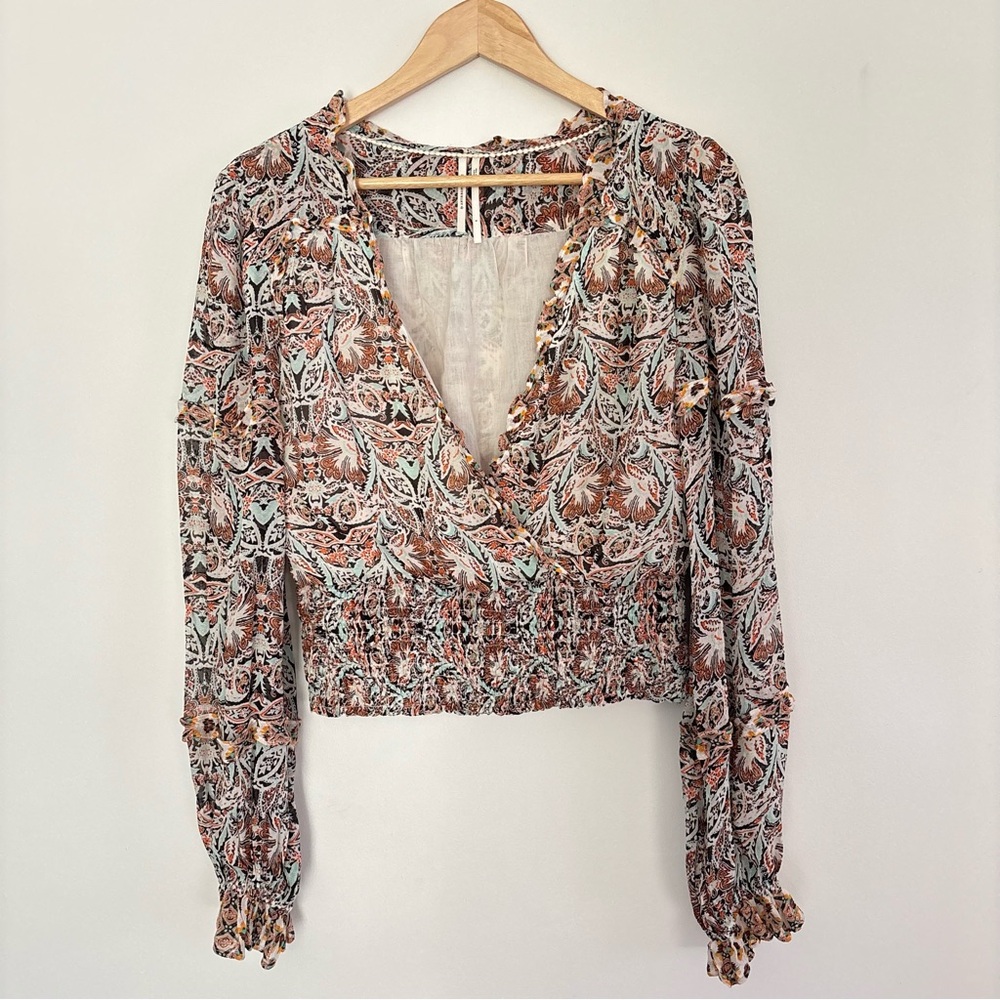 Anthropologie Women’s Faux Wrap Smocked Boho Ruffle Top Blouse Size Small N55